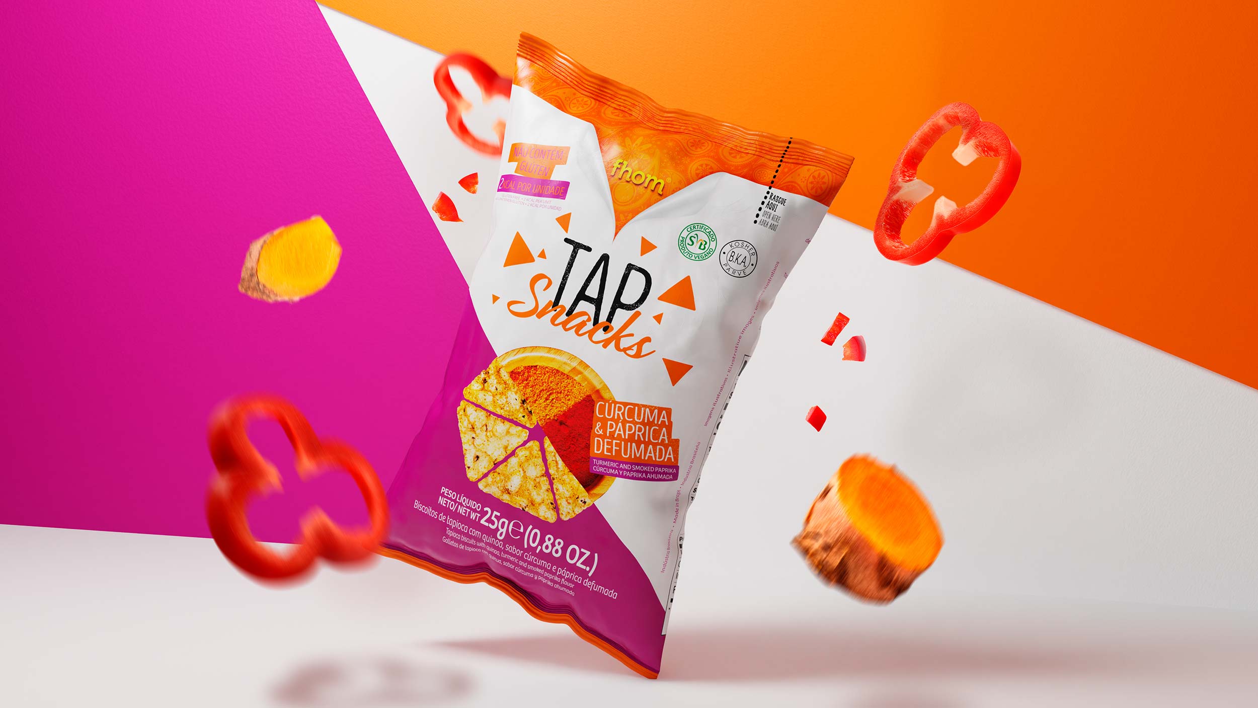 Design de marcas e embalagens de snacks da marca tap snacks fhom feito pela zoommais